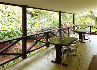 Outdoor balcony and seating area.